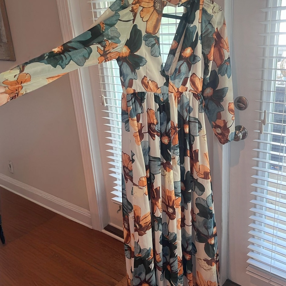 Vestique Floral Long Sleeve Maxi Dress - Cream, Orange, Green